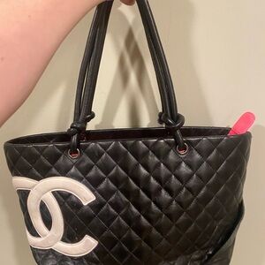 CHANEL Black Quilted Tote with White Logo and Pink Accent